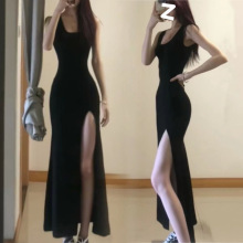 轻熟辣妹风开叉收腰显瘦连衣裙子女秋季无袖背心过膝修身包臀长裙