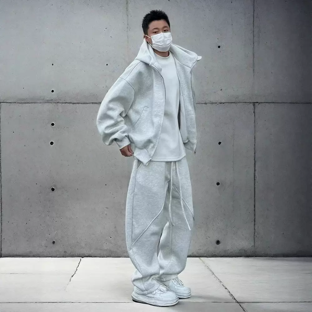 重磅美式高街连帽卫衣男套装秋冬版型宽松基础纯色拉链短款外套