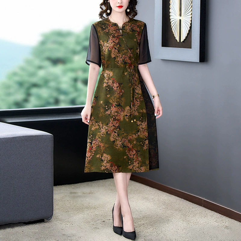 Платье Xiangyunsha, двухцветное благородное женское платье в этническом стиле, шелковый шелковый Cheongsam, одежда для мам, новинка лета 2025 года