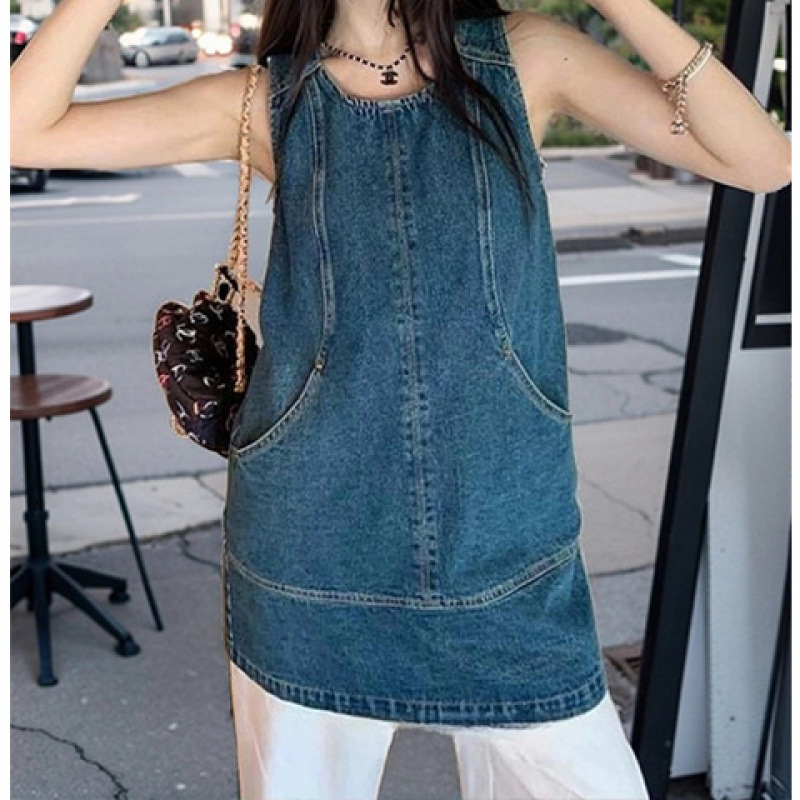 レトロな香港スタイルのベストデニムドレス女性の夏の新しいファッション気質ステッチスカート|undefined