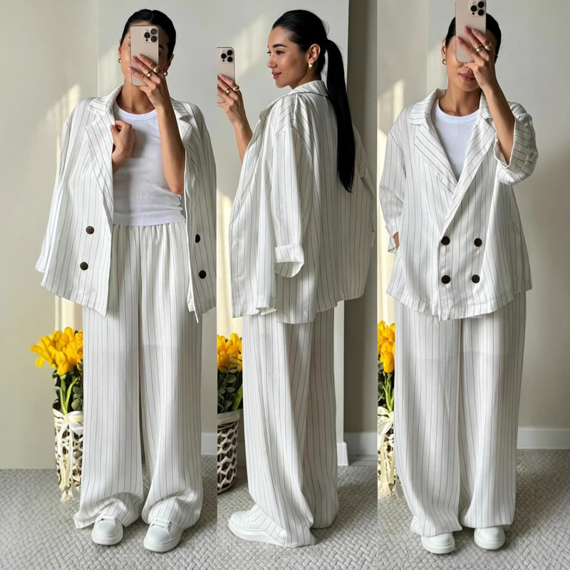 Foreign Trade 2026 Autumn and Winter New Cross-Border European and American Style Striped Double-Breasted Suit Jacket and Straight-Leg Trousers Two-Piece Set