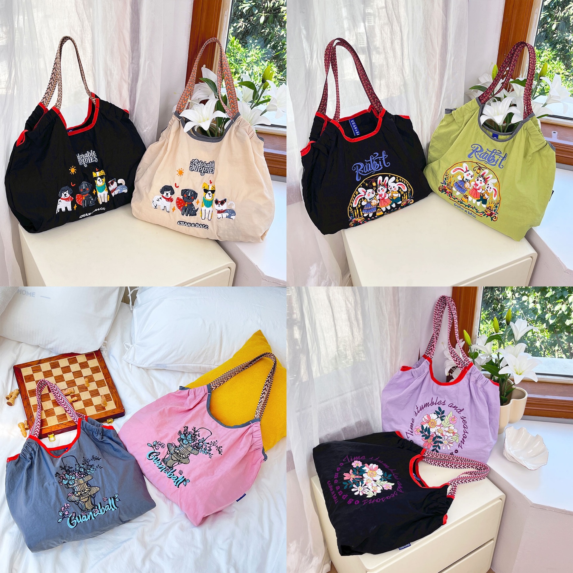 Ball Chain Embroidered Tote Bag for Women, Japanese Style Nylon Eco-Friendly Bag, Large Capacity Single Shoulder Handbag Shopping Bag