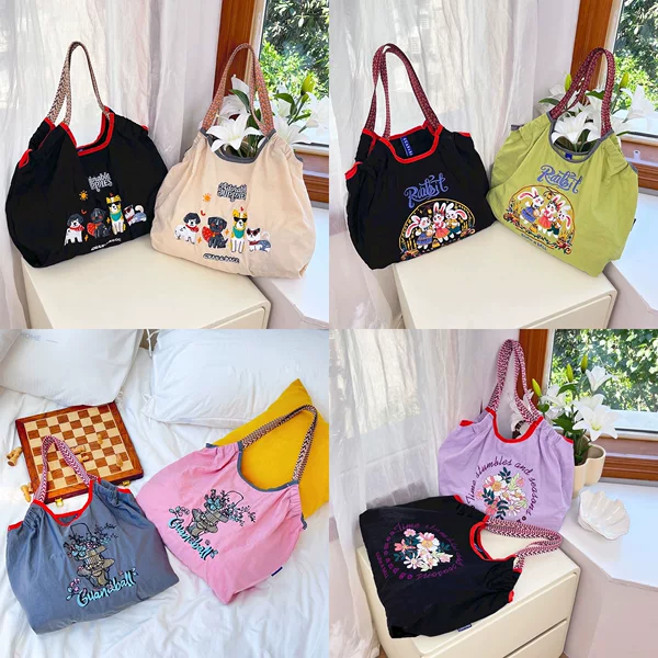 Ball Chain Embroidered Tote Bag for Women, Japanese Style Nylon Eco-Friendly Bag, Large Capacity Single Shoulder Handbag Shopping Bag