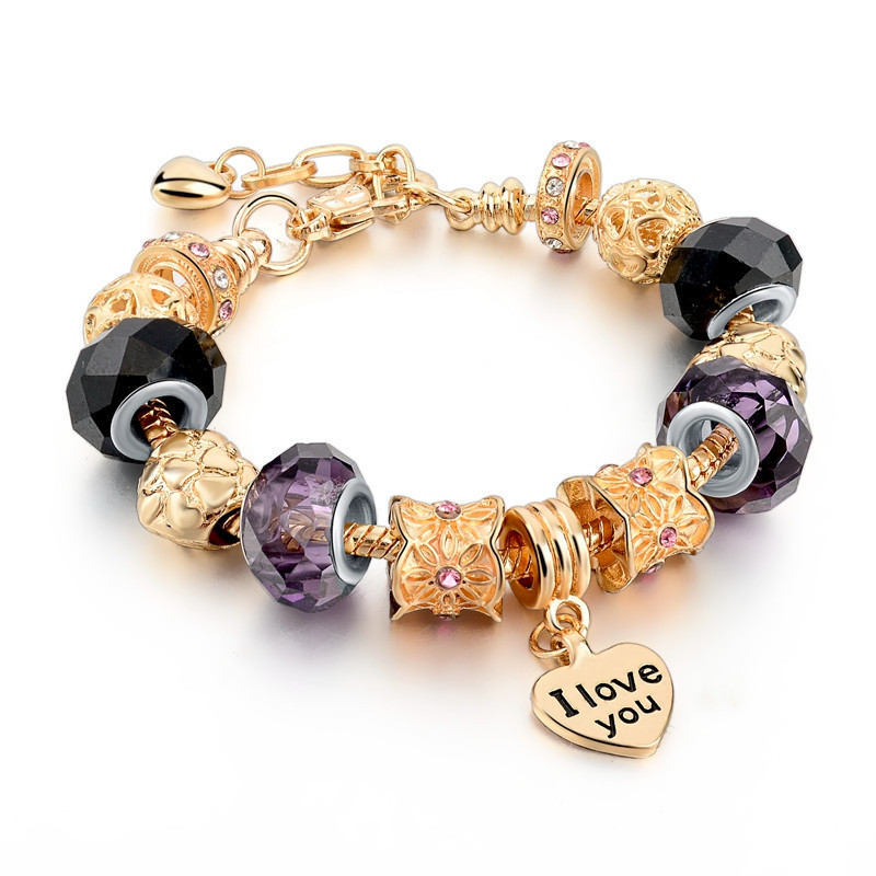 亚马逊新款黑色紫色水晶 水晶琉璃串珠手饰保色KC金手链女