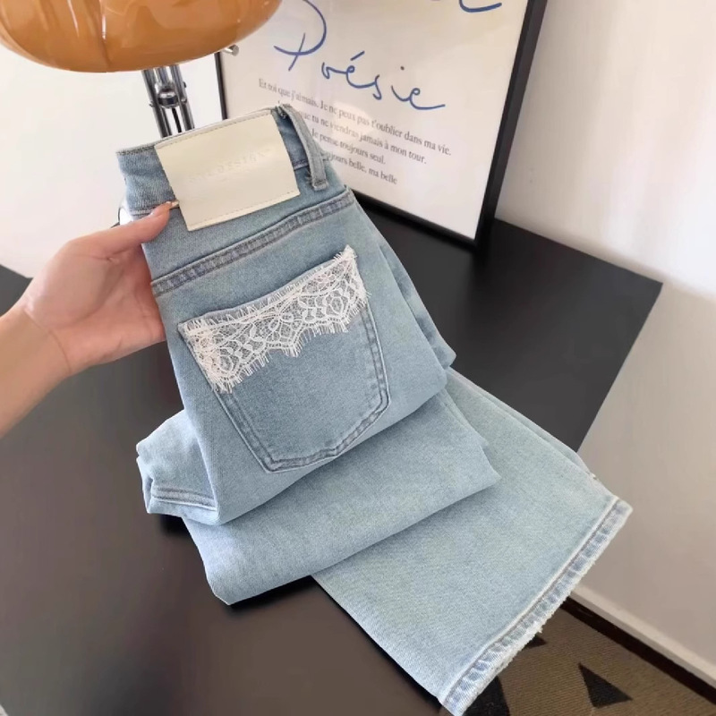 The version is good! Lace Stitching Pocket Straight Jeans Women's Spring High Waist Slimming Casual All-match Wide Leg Pants