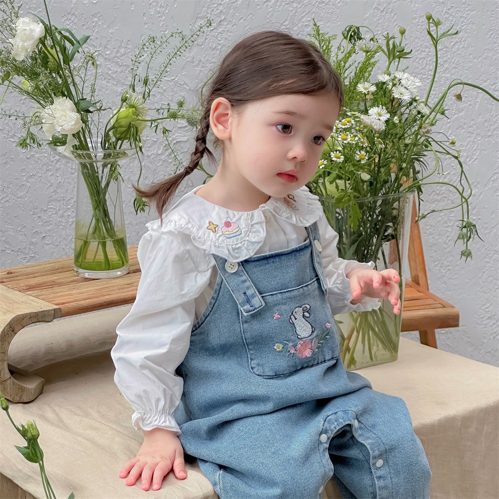 Traje de ropa de bebé 0-3 años, babero de mezclilla para niñas, top de manga larga, chaqueta de primavera y otoño de dos piezas