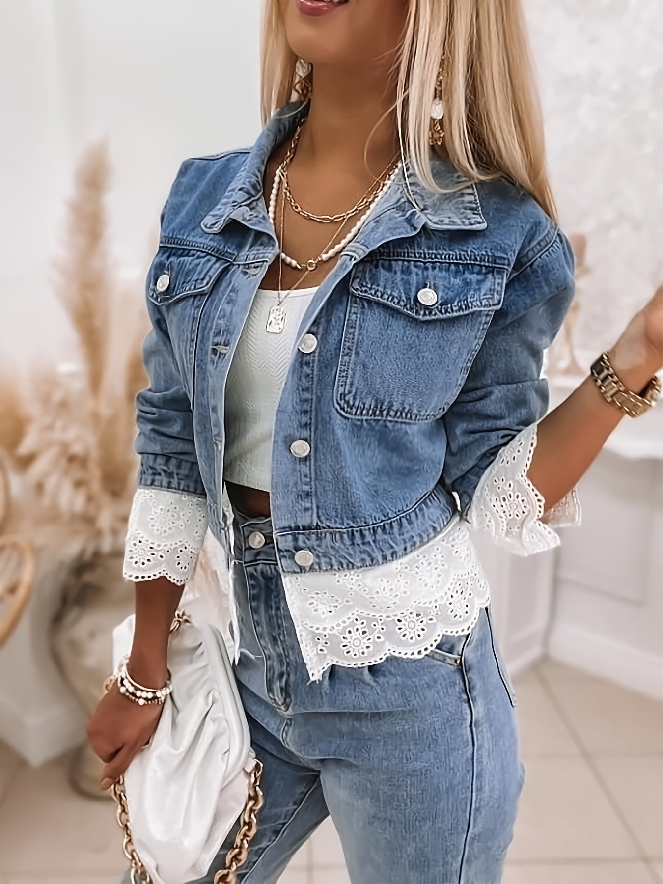 Women's Denim Jacket Plus Size Lace Patchwork Long Sleeve Top_voghion.com