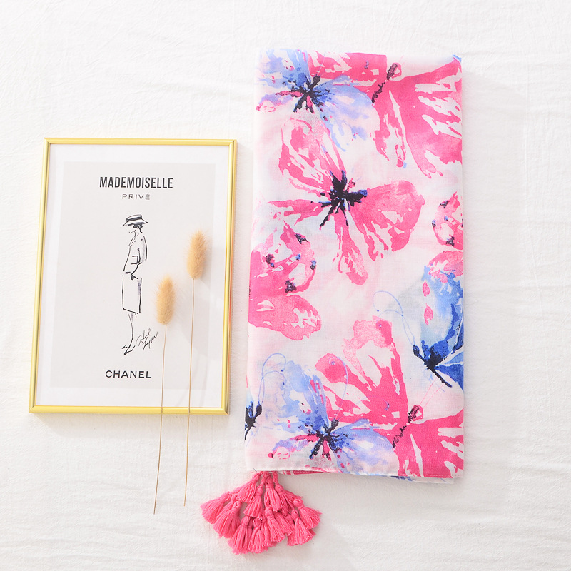 Primavera y verano color brillante moda bufanda de seda del todo fósforo estilo artístico de las mujeres chal largo rojo mariposa azul impreso algodón y lino sensación bufanda