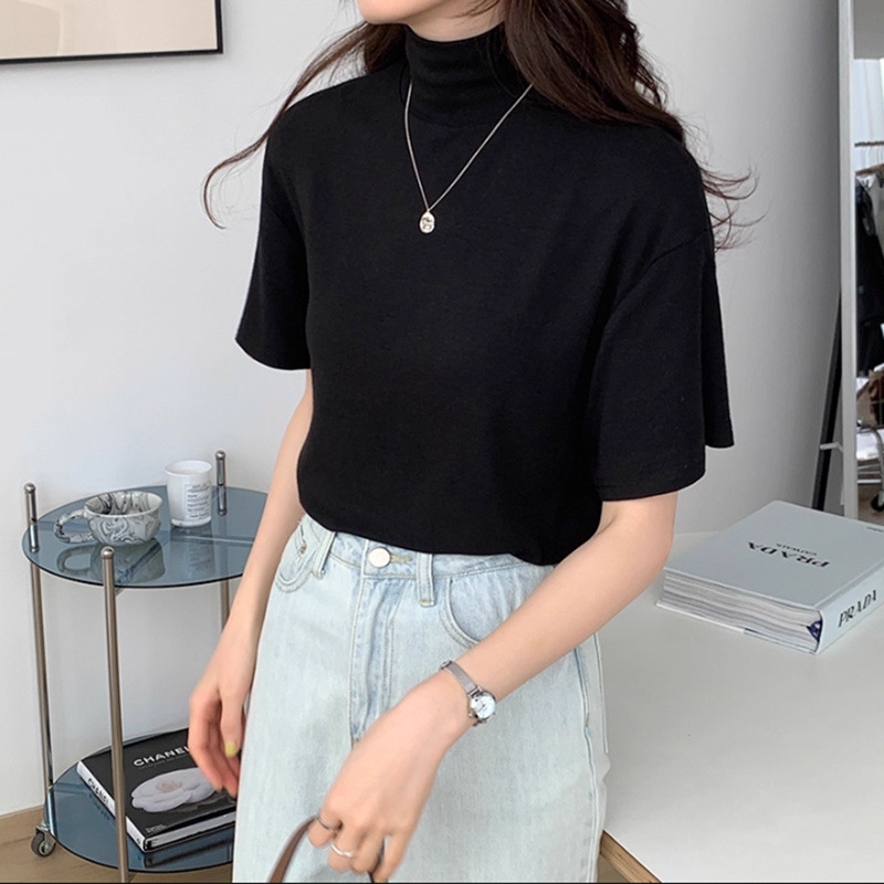 American Pure Color High Collar Five-Quarter Sleeve T-Shirt for Women Summer Early Autumn Korean Style Loose Slimming Look Bottoming Shirt Short-Sleeved Top