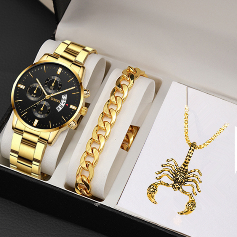 手表批发跨境热销外贸男士日历钢带大表盘简约手链十字架项链套装