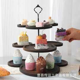 欧式蛋糕甜点展示架复古双层圆形木质托盘欧式铁艺蛋糕盘点心架