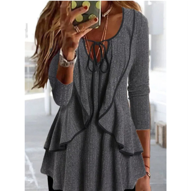 Popular Cross-Border Export Spring & Fall European and American New V-Neck Lace-Up Ruffled Elegant Work Clothing Casual Long-Sleeved Top