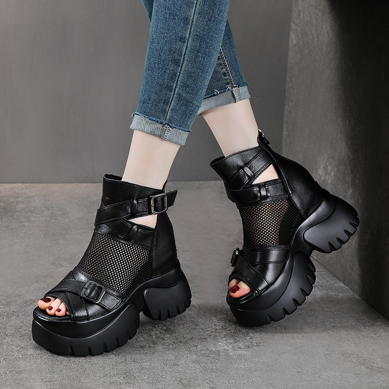 Sandal cao gót nữ mũi hở đế xuồng da bò cao cổ phong cách La Mã — màu đen
