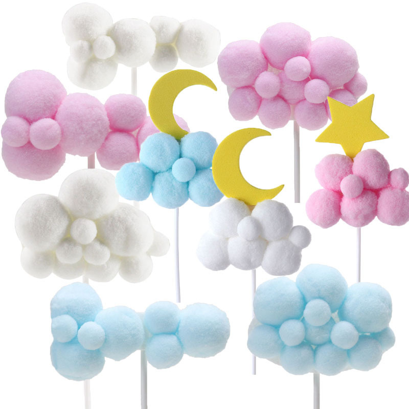 Birthday Cake Decoration Cotton Hair Ball Cloud Plug-in Stereo Hot Air Balloon Moon White Cloud Rainbow Baking Card