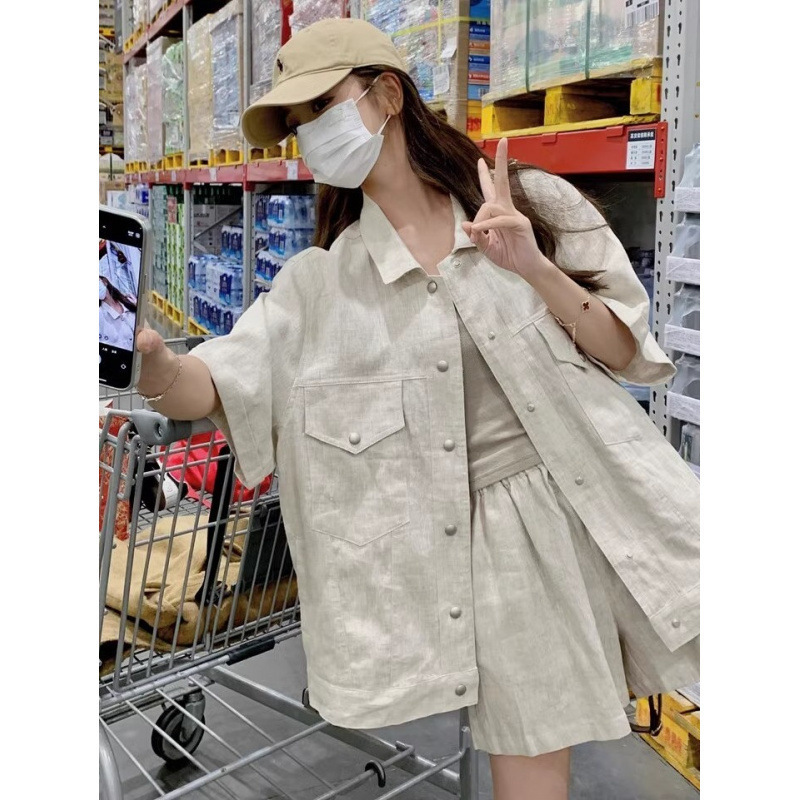 韓国風レイジースタイルワークトップとショーツのツーピースセット女性用夏の新しいスタイルの年齢を減らし、スリムで小さなカジュアルスーツ|undefined