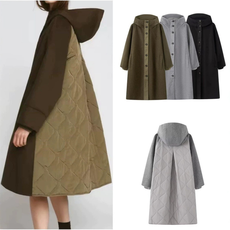 New autumn/winter European and American women's fashion: loose-fitting, high-neck, hooded, long-sleeved, color-blocked parka coat New autumn/winter European and American women's fashion: loose-fitting, high-neck, hooded, long-sleeved, color-blocked parka coat