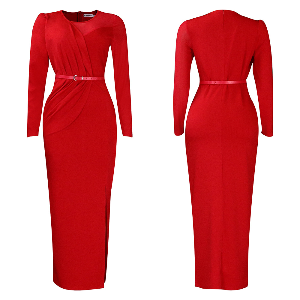 Damen Abendkleid Mit Langarm Und Mesh-einsatz Elegantes Festkleid_voghion.com