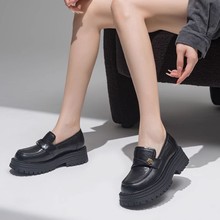 真皮厚底乐福鞋女2024新款增高一脚蹬女鞋复古学院英伦风小皮鞋女