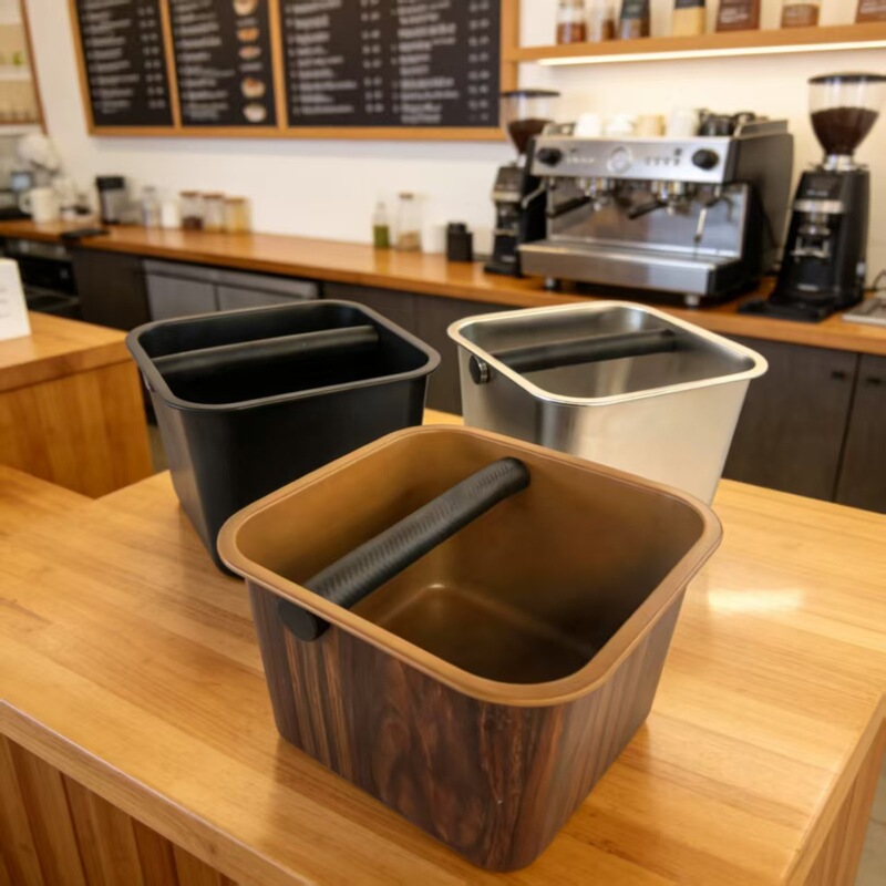 Stainless Steel Square Grounds Bin with Wood Grain Design, Coffee Grounds Container, Knock Bin for Coffee Grounds, Coffee Shop Bar Counter Coffee Grounds Box