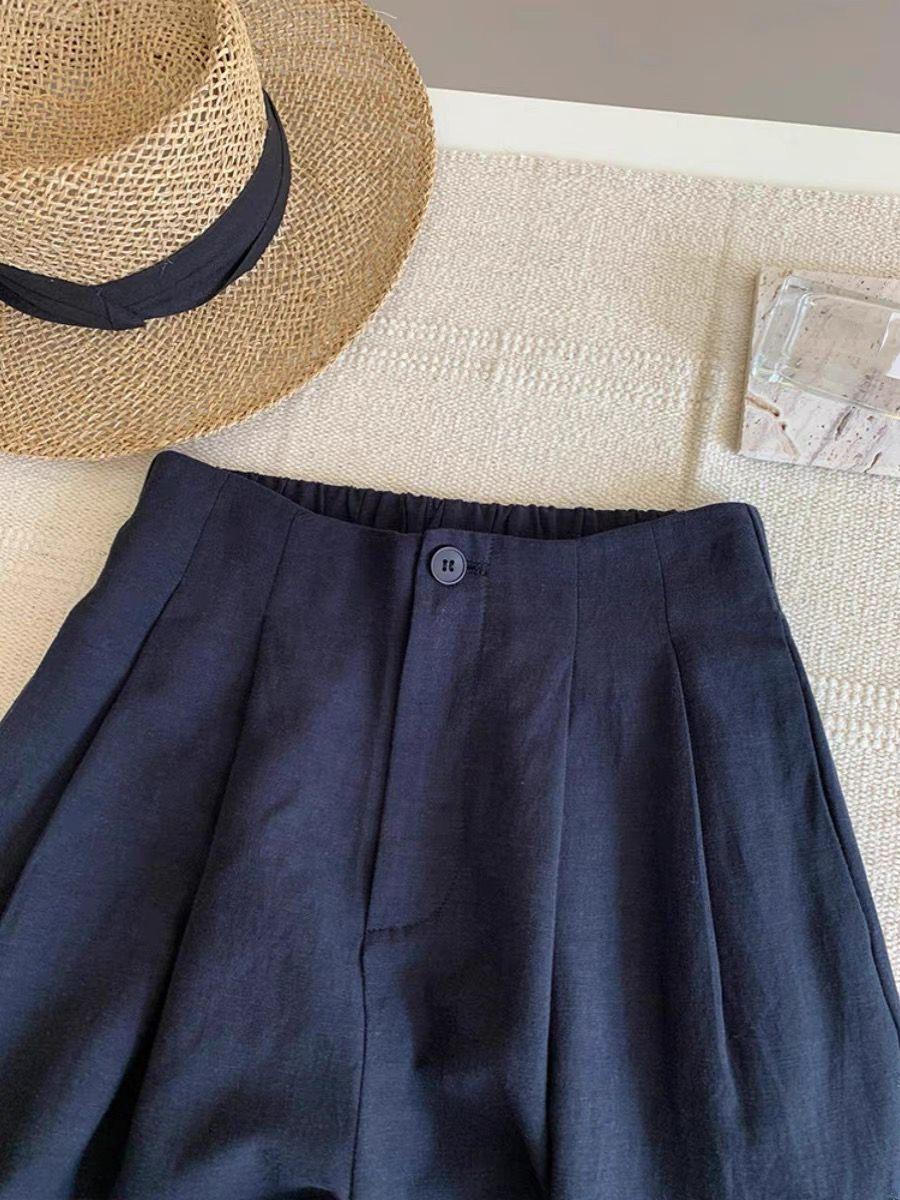 Quần dài lưng thun cotton pha lanh ống rộng mùa hè cho nữ — màu xanh hải quân
