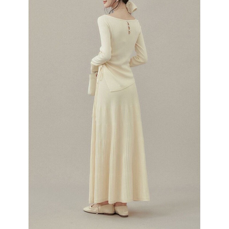 Knitted dress set for women, new winter style for petite figures, includes an off-shoulder top and skirt with tags, solid color Knitted dress set for women, new winter style for petite figures, includes an off-shoulder top and skirt with tags, solid color