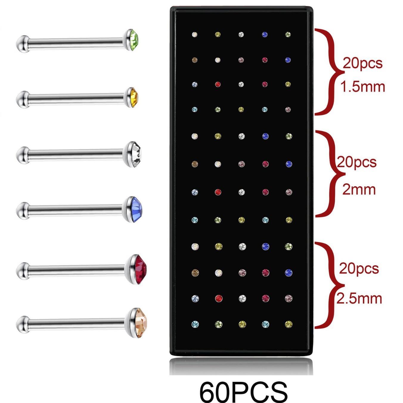 Suministro directo de fábrica 60 en caja de acero inoxidable en forma de L nariz espárragos 1,5/2,0/2,5 diamante incrustado curvado varilla nariz anillo piercing joyería