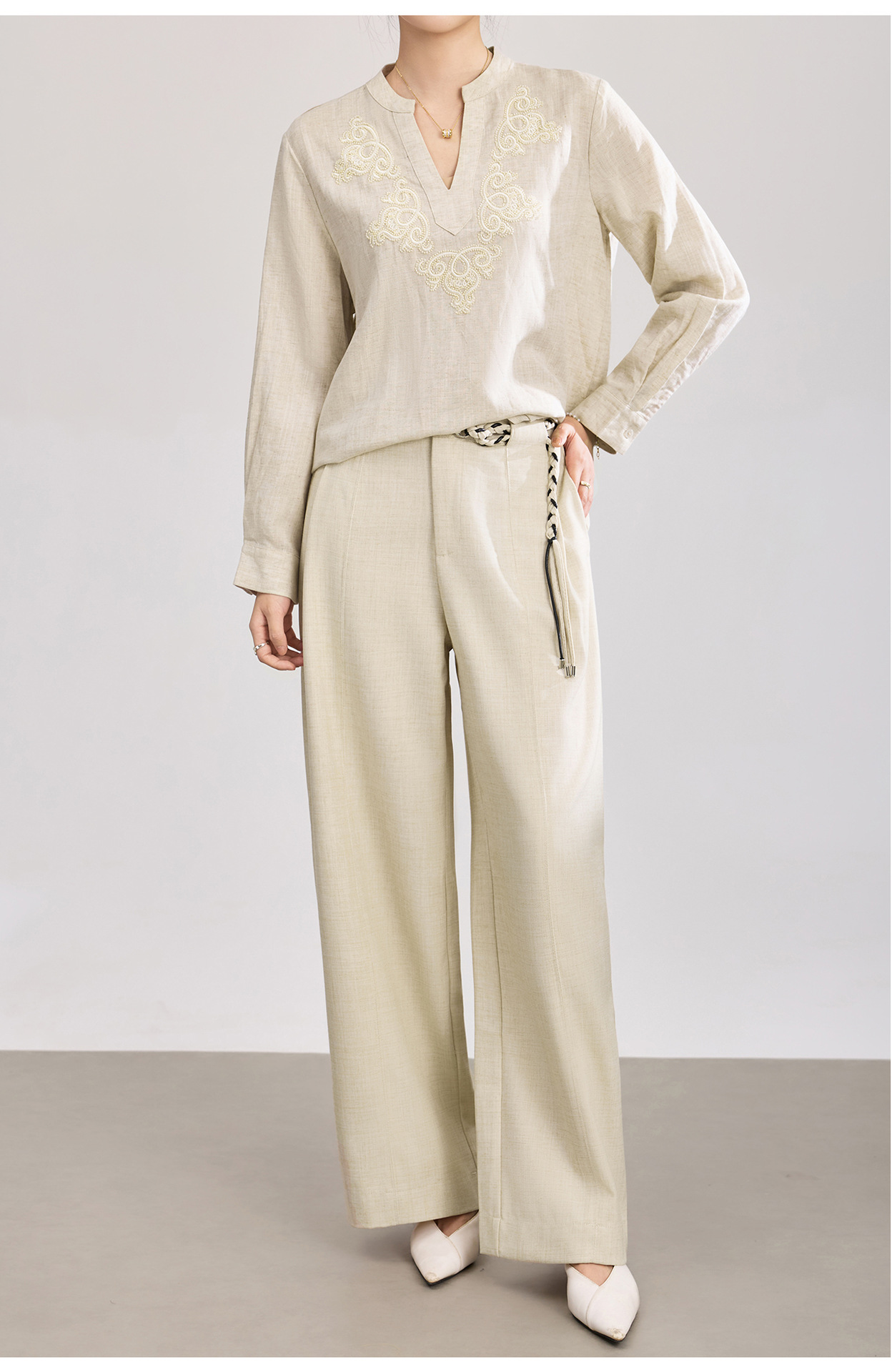 Quần culottes nữ ống rộng cạp cao kèm thắt lưng dệt bản to — màu đen chi tiết 13
