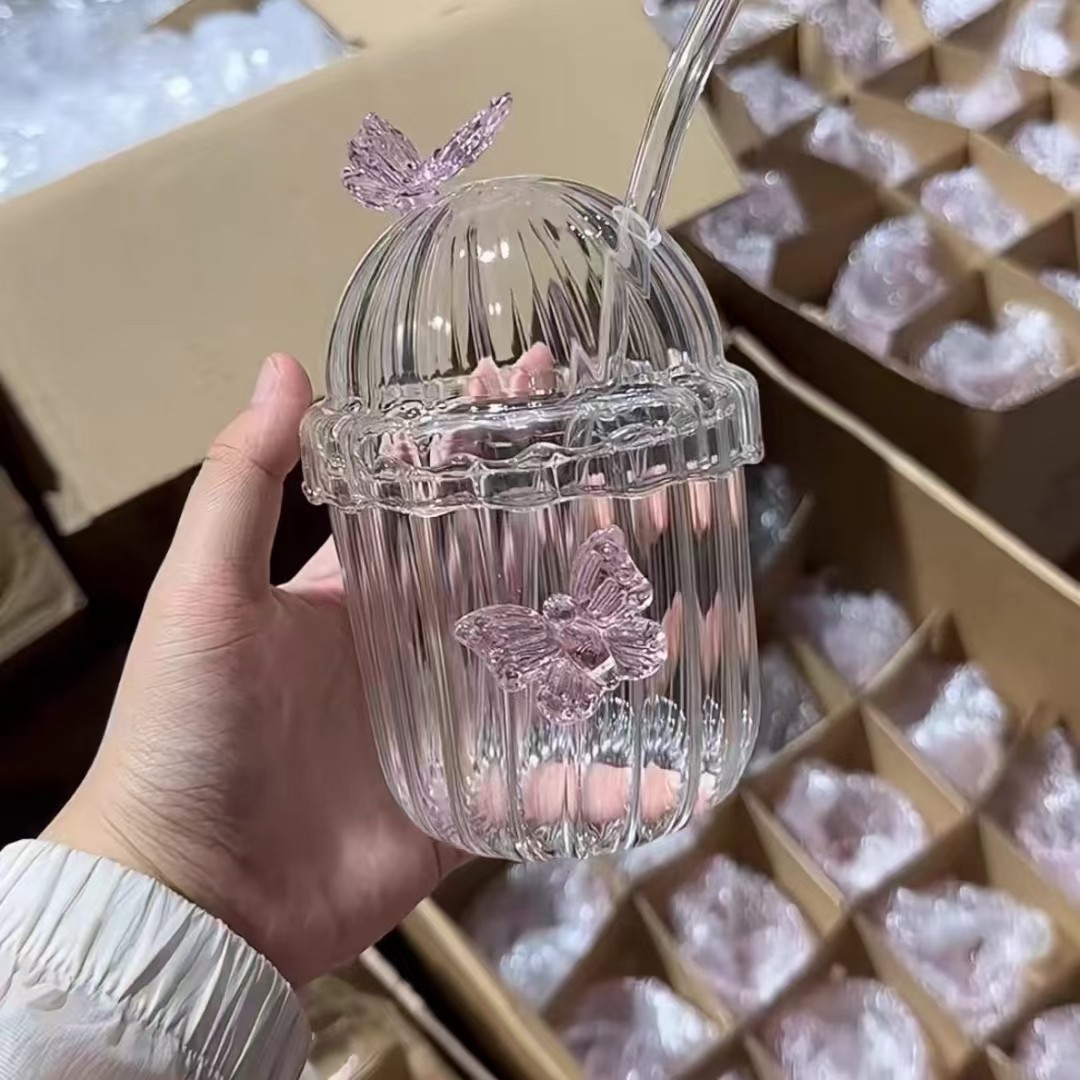 869g Weight Water Bottles Kitchen and drinking utensils 1 Piece Quantity Home, Tea Party Occasion Glass Material Solid Color, Butterfly Pattern Elegant, Cute Style Elegant Cute Solid Color Butterfly Glass Water Bottles 1 Piece 5
