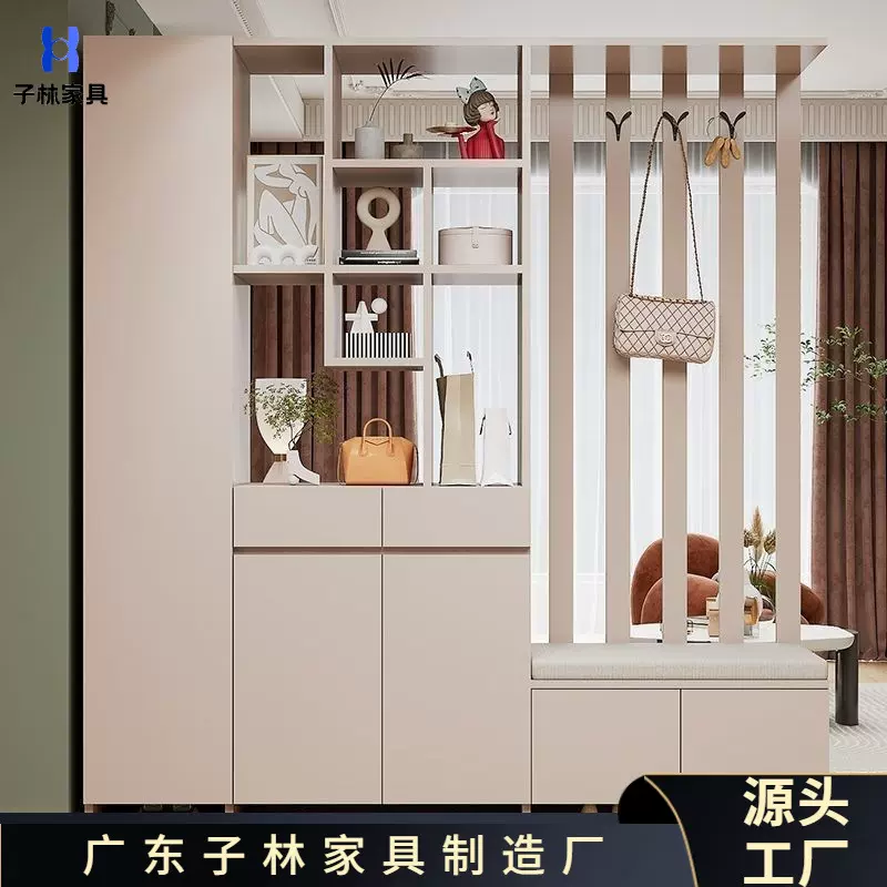 玄关进门鞋柜一体入户玻璃屏风客厅酒柜轻奢门厅实木隔断简约现代