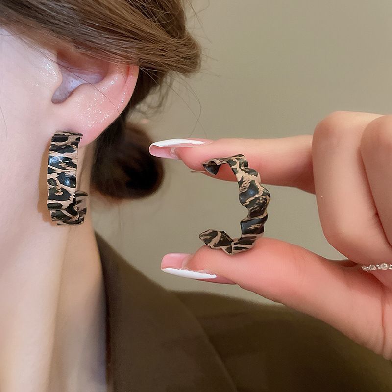 Pendientes de círculo geométrico con estampado de leopardo con aguja de plata Pendientes de personalidad de moda de todo fósforo retro europeo y americano Pendientes de todo fósforo de nicho al por mayor