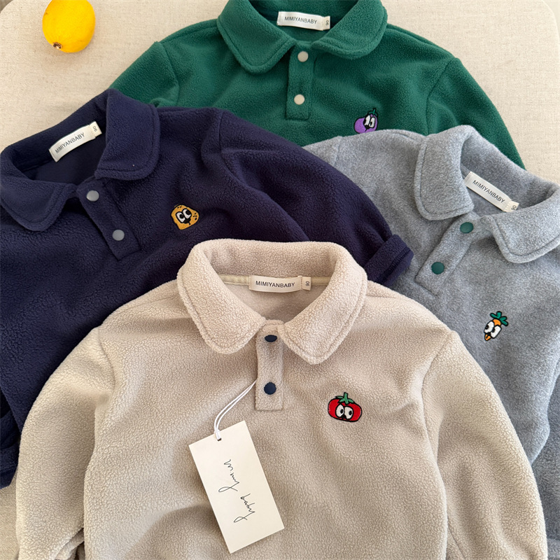 Children's Polo Shirt 2026 Autumn New Collection, Thickened Cartoon Polo with a Fluffy Collar for Boys and Girls
