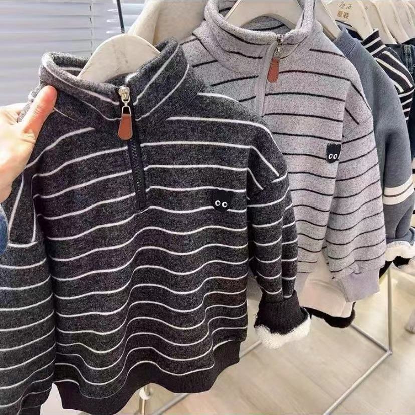 男童冬装条纹卫衣2025新款高领中大童加绒加厚半拉链上衣男孩潮