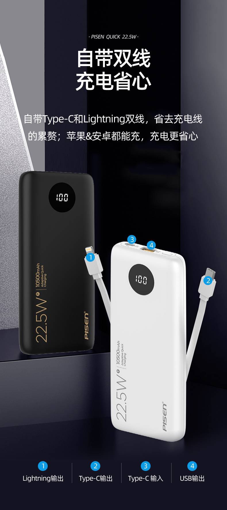 PISEN QUICK 自帶線22.5W快充電寶10500紙