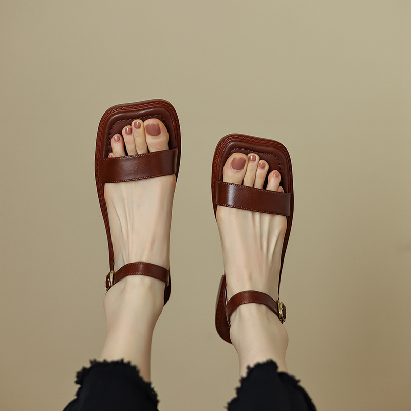 Sandal hở mũi nữ gót thấp quai ngang phong cách học đường — Màu nâu chi tiết 6