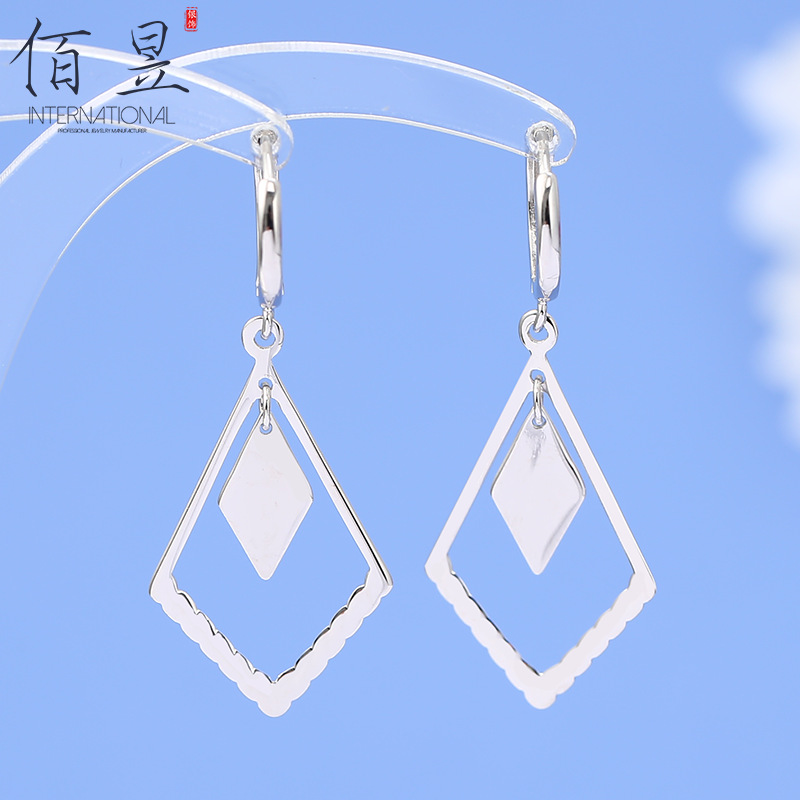 欧美法式轻奢耳环S925纯银夏季款镂空菱形长款几何小饰品批发显瘦