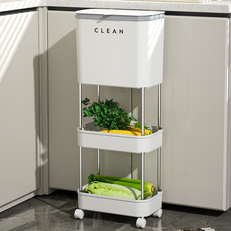 Kitchen trash can household bending-free multi-layer large-capacity roller with lid movable dry and wet separation inner bucket hanging type