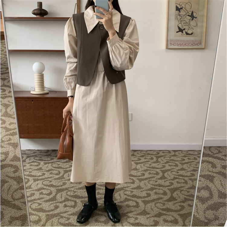韩版气质翻领中长款长袖连衣裙+一粒扣交叉设计感开衫马甲套装