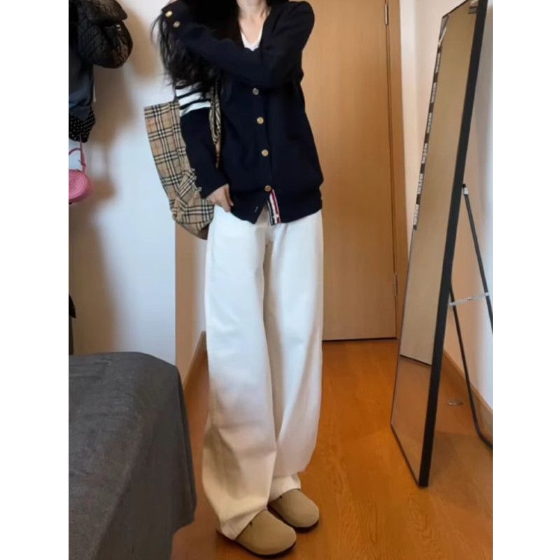 White Laid-back Wide-leg Jeans Women's 2024 Spring and Autumn New High Waist Loose Slimming All-match Straight Trousers