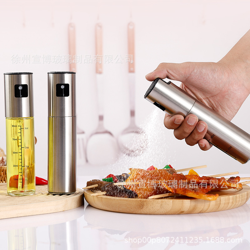 Botella de pulverización de cocina transfronteriza botella de pulverización de aceite de vidrio atomizable botella de pulverización de aceite de oliva comestible botella de pulverización de acero inoxidable botella de pulverización de barbacoa