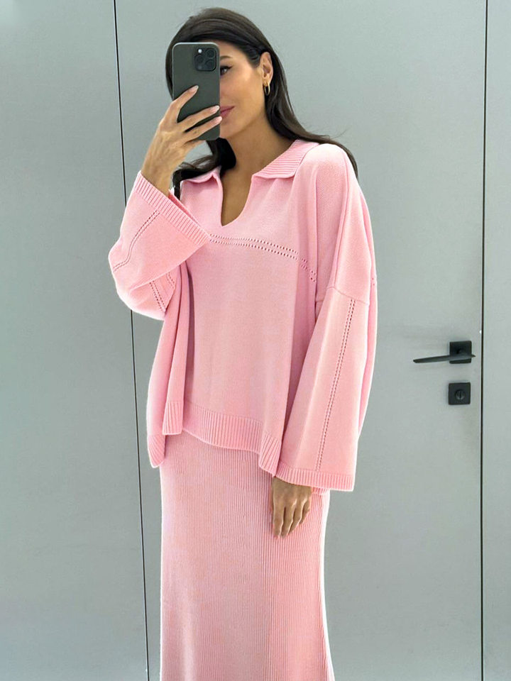 Bộ đôi áo len dệt kim cổ V tay dài phối chân váy, áo dài 50–65 cm — Màu camel, Màu trắng, Màu xám, Màu đen chi tiết 49