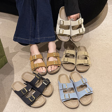 2024夏季新款外穿软厚底勃肯拖鞋女磨砂软木休闲一字大码凉拖鞋女