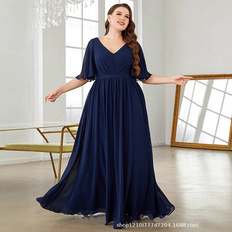 European and American Amazon Popular Long Skirt with Double V Neck and Bell Sleeves Chiffon Banquet Bridesmaid Plus Size Evening Dress for Women