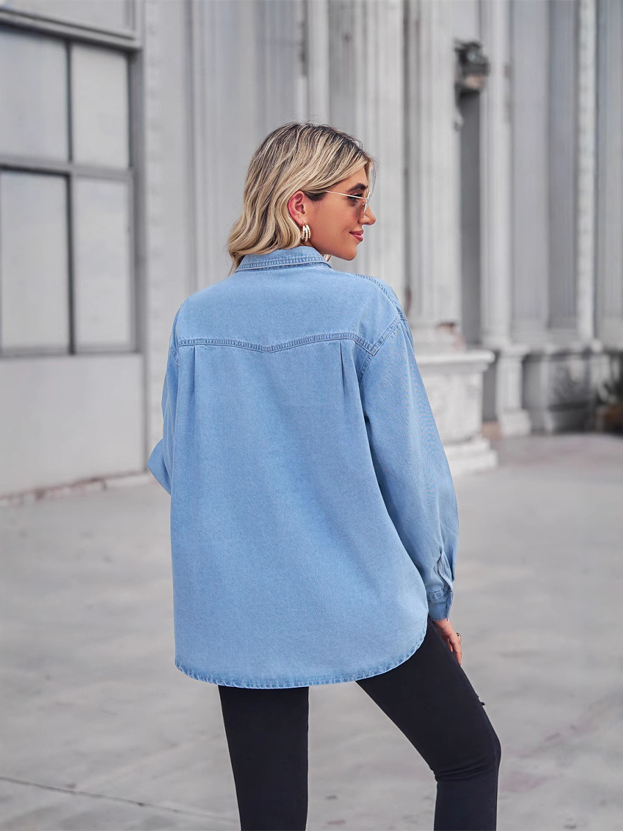 European and American Cross-Border Wish Amazon Independent Station New Slim Denim Jacket Single-Breasted Long-Sleeve Casual Shirt for Women