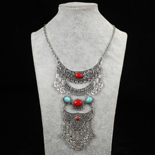 复古民族风苗疆长款钱币流苏项链欧美夸张仿宝石设计感项饰饰品