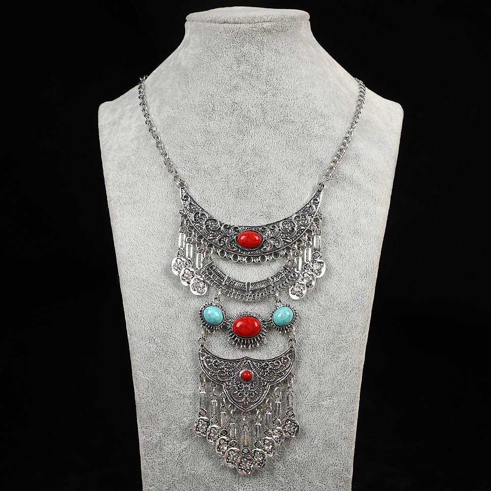 复古民族风苗疆长款钱币流苏项链欧美夸张仿宝石设计感项饰饰品