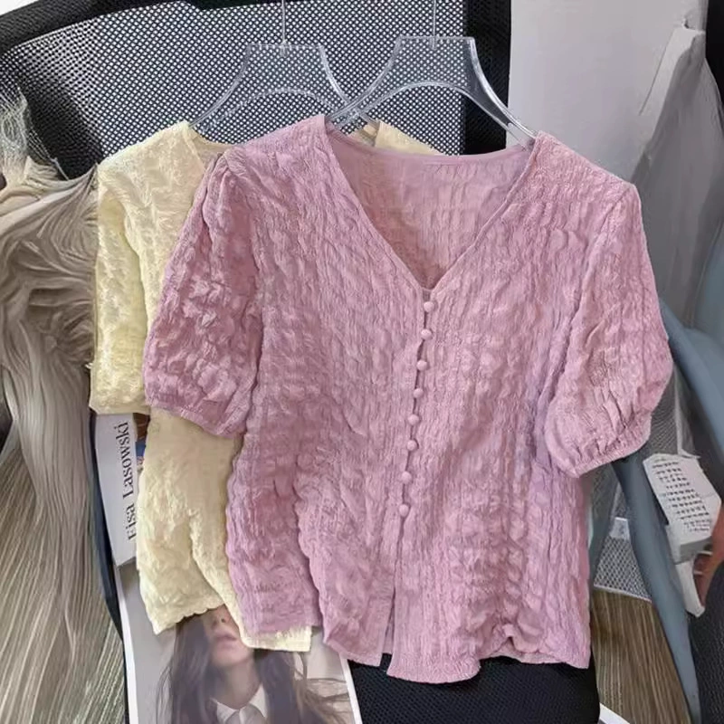V-образный воротник складчатый рукав пузырьковой рубашки женский весенний и осенний розовый сладкий и уменьшенный возраст короткие рукава тонкие и нежные топы