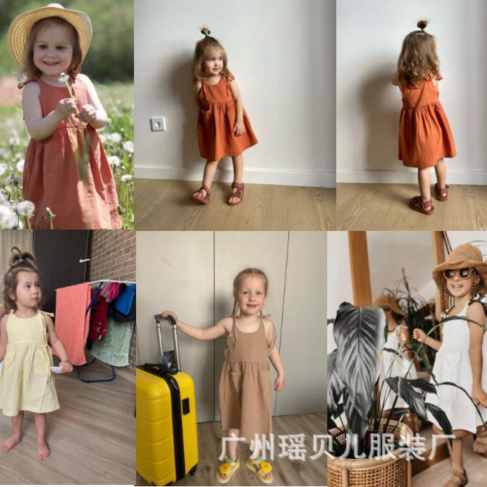 ins European and American girls' summer solid color cotton and linen 2-side pocket sling dress lace-up children's sling dress tide