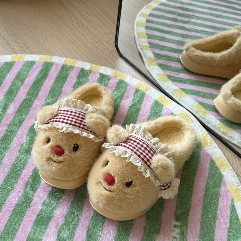 Bear Cotton Slippers for Women in Autumn and Winter Home Non-Slip Warm Cartoon Fur Slippers Winter Indoor Home Plush Slippers