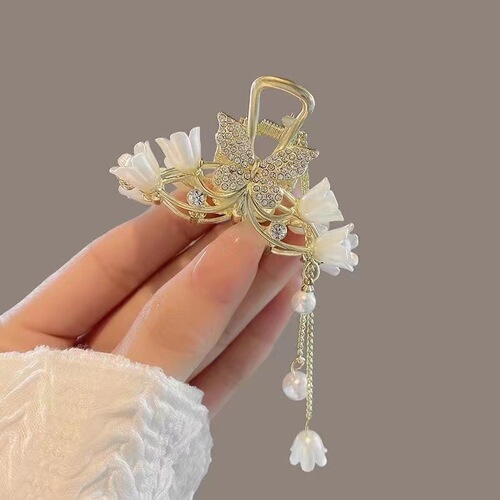 Half-tied ponytail clip, high-end pearl butterfly, lily of the valley, tassel catcher, hair clip at the back of the head, forest fairy hair accessories