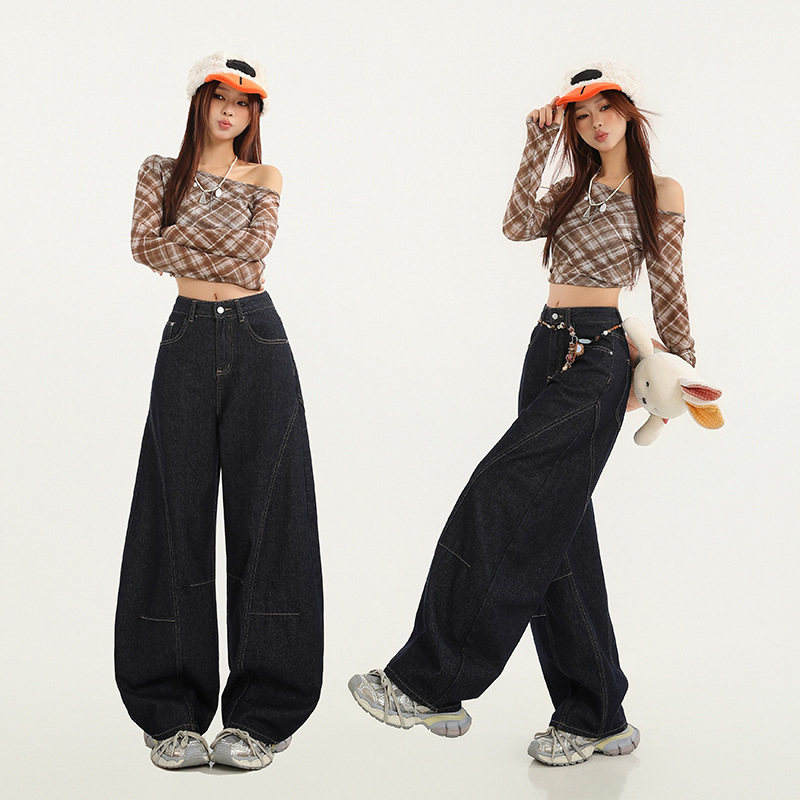 American Retro Deconstructed Patchwork Wide-Leg Jeans Anti-Fade Autumn and Winter New Versatile Loose Scimitar Pants for Women